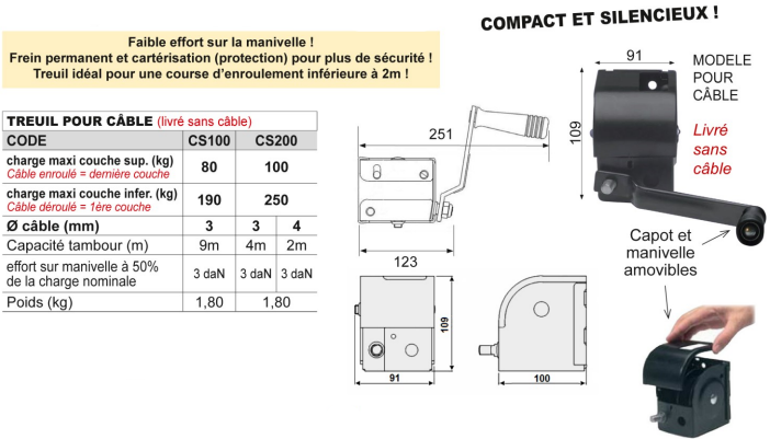Treuil manuel de levage pour câble Compact charge jusqu'à 300kg - SELM